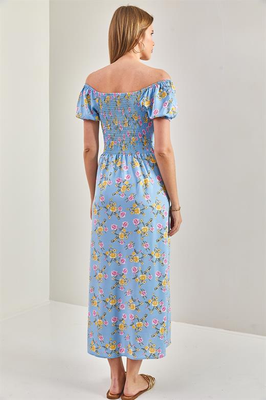 Arkası Gipeli Çiçek Desenli Yırtmaçlı Viskon Elbise - Bebe Mavisi