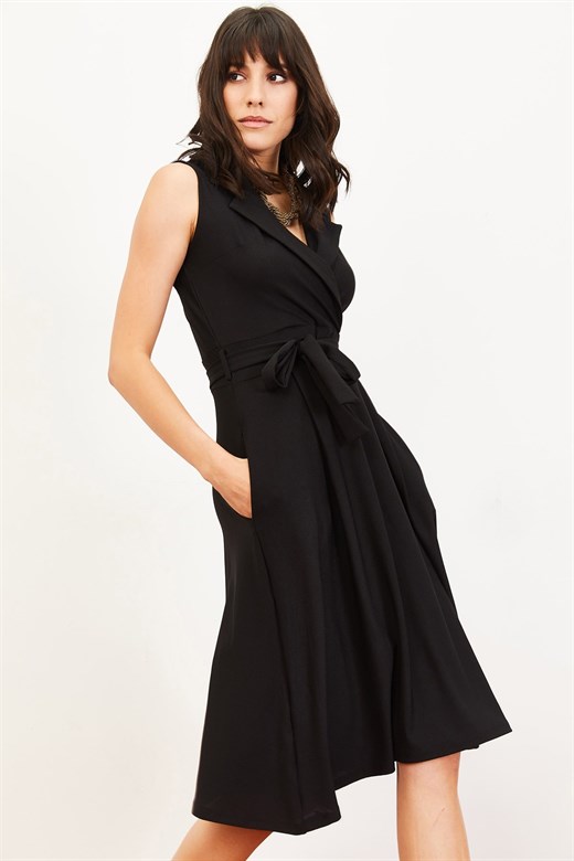 Bianco Lucci Kadın  Kruvaze Yaka Kuşaklı Elbise - Siyah