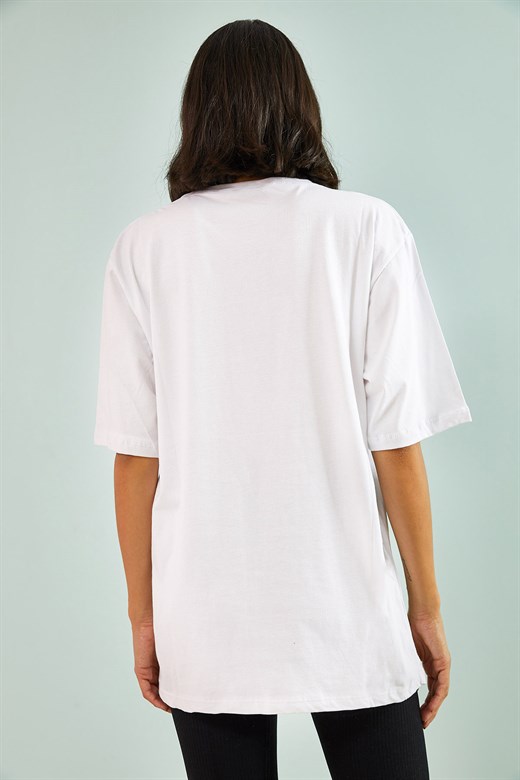 Bianco Lucci Kadın A Baskılı Oversize Tshirt - Beyaz