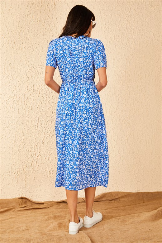 Bianco Lucci Kadın Anvelop Kruvaze Yaka Kuşaklı Desenli Elbise 10951028 - Mavi-Ekru