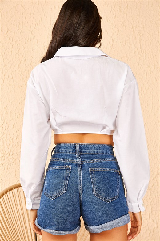 Bianco Lucci Kadın Bağlamalı Uzun Kollu Crop Gömlek 10951016 - Beyaz