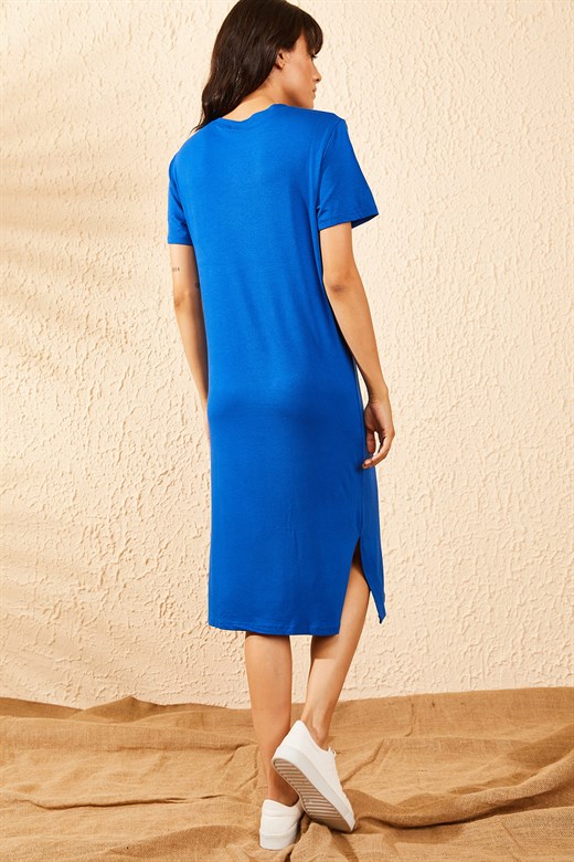 Bianco Lucci Kadın Basic Uzun Penye Elbise - Mavi