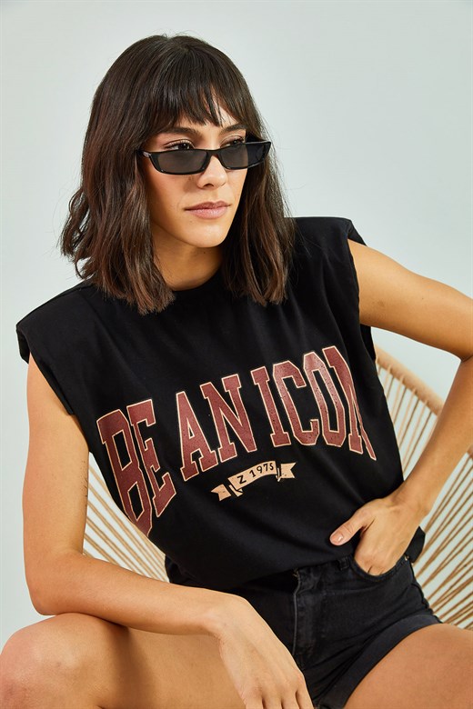 Bianco Lucci Kadın Beanıcon Baskılı Oversize Vatkalı Tshirt - Siyah