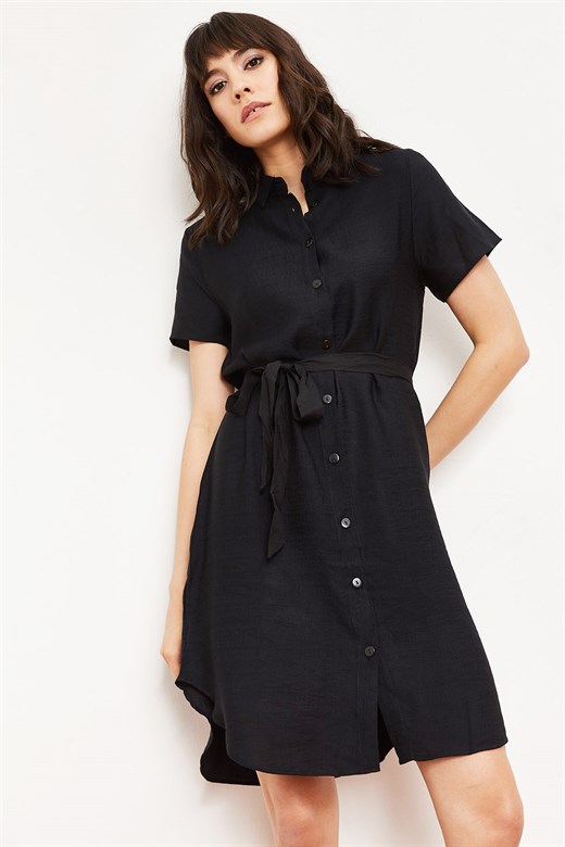 Bianco Lucci Kadın Belden Bağlamalı Düğmeli Gömlek Elbise - Siyah