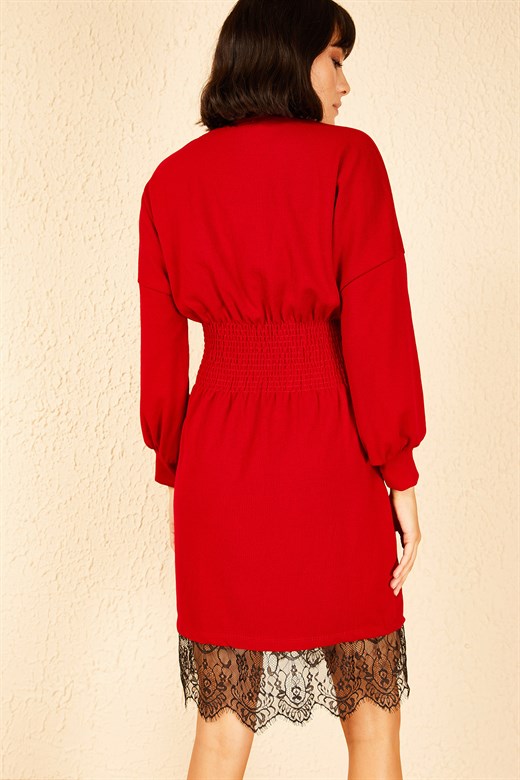 Bianco Lucci Kadın Beli Lastikli Gipeli Eteği Dantelli Elbise - Kırmızı