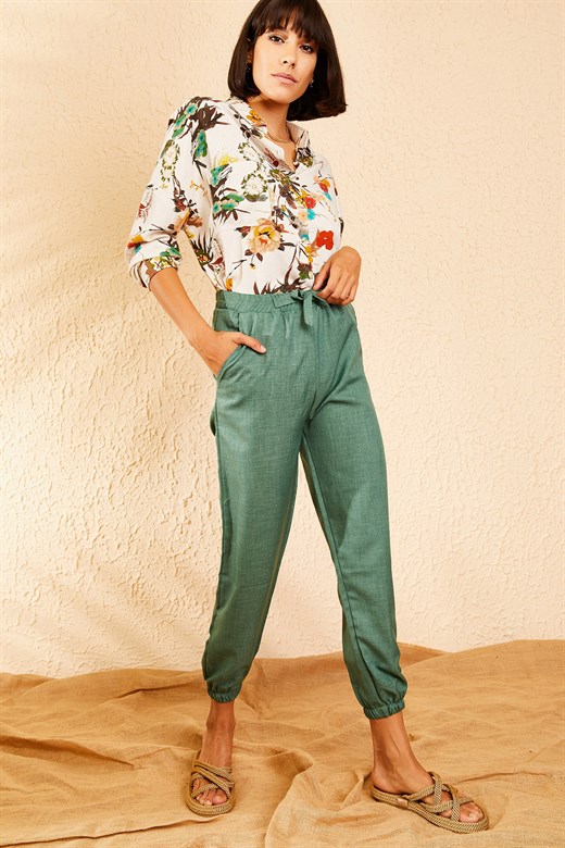 Bianco Lucci Kadın Beli ve Paçası Lastikli Mevsimlik Rahat Pantolon - Çağla Yeşili