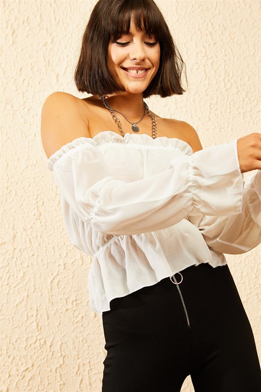 Bianco Lucci Kadın Beli ve Yakası Lastikli Tül Desenli Sifon Bluz - Beyaz