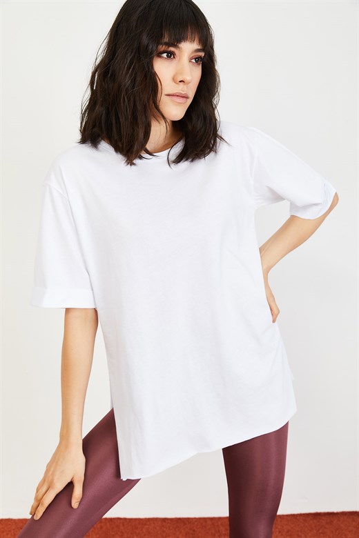 Bianco Lucci Kadın Bisikelt Yaka Kol  Katlamalı Oversize Pamuk T-Shirt - Beyaz
