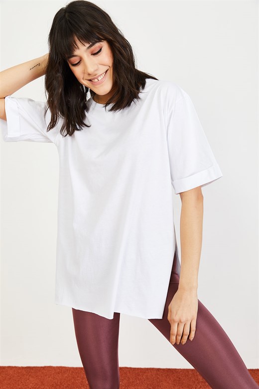 Bianco Lucci Kadın Bisikelt Yaka Kol  Katlamalı Oversize Pamuk T-Shirt - Beyaz