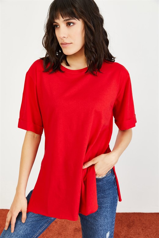 Bianco Lucci Kadın Bisikelt Yaka Kol  Katlamalı Oversize Pamuk T-Shirt - Kırmızı