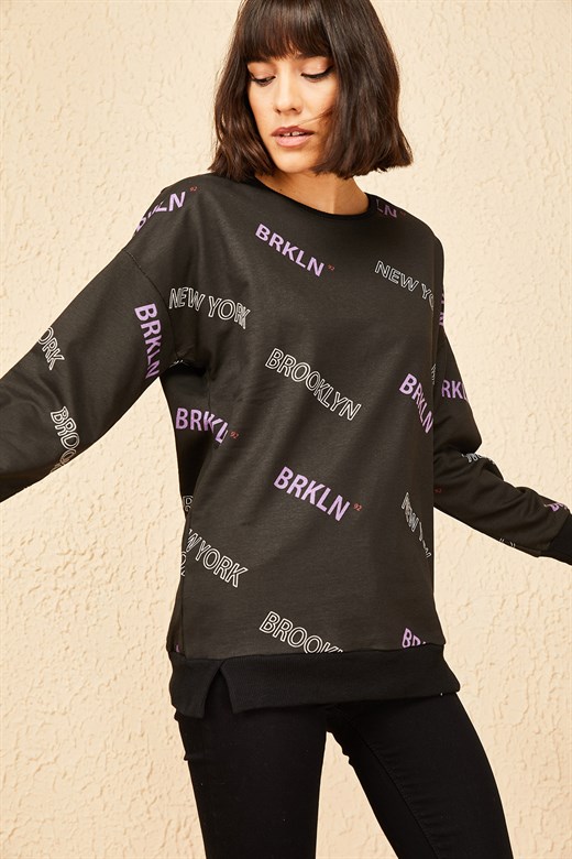 Bianco Lucci Kadın Brooklyn Baskılı Oversize Sweatshirt - Lila