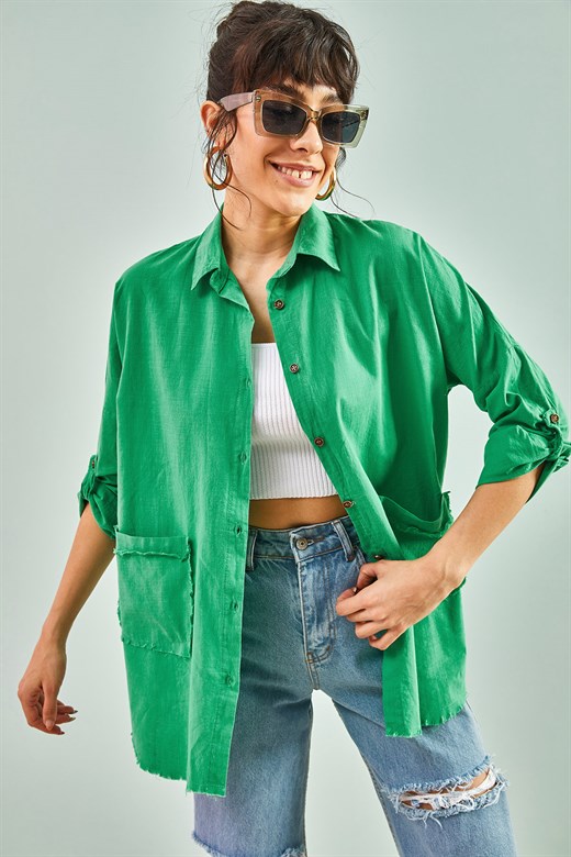 Bianco Lucci Kadın Cepleri ve Eteği Püsküllü Gömlek 4611 - Yeşil