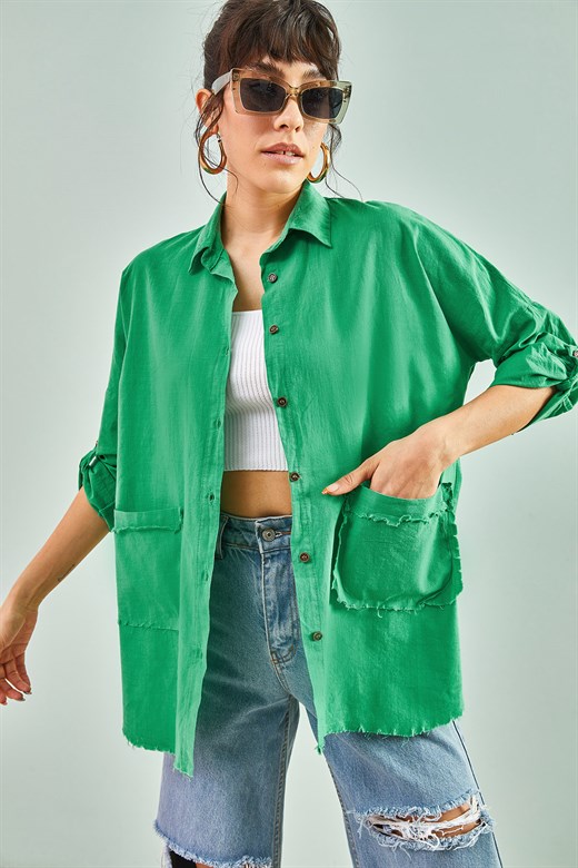 Bianco Lucci Kadın Cepleri ve Eteği Püsküllü Gömlek 4611 - Yeşil