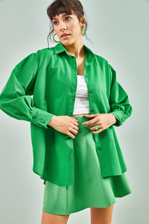 Bianco Lucci Kadın Cepsiz Terikoton Gömlek 4603 - Yeşil