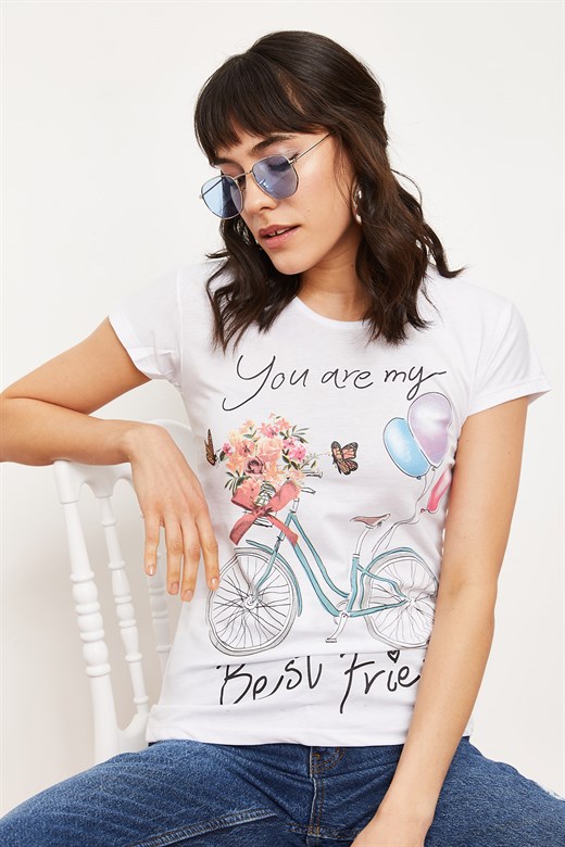 Bianco Lucci Kadın Çiçek Balon Baskılı Bisiklet Yaka Pamuk T-Shirt - Beyaz