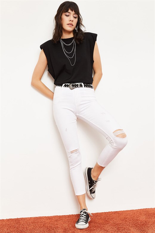 Bianco Lucci Kadın Dizi Yırtık Skinny Jeans Pantolon - Beyaz