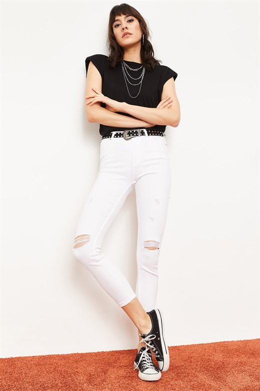 Bianco Lucci Kadın Dizi Yırtık Skinny Jeans Pantolon - Beyaz