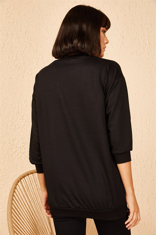 Bianco Lucci Kadın Escape Baskılı Basic Sweatshirt - Siyah