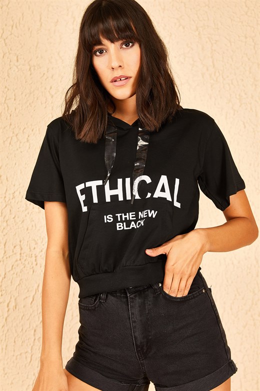 Bianco Lucci Kadın Ethical Baskı Kapüşonlu Tshirt - Siyah
