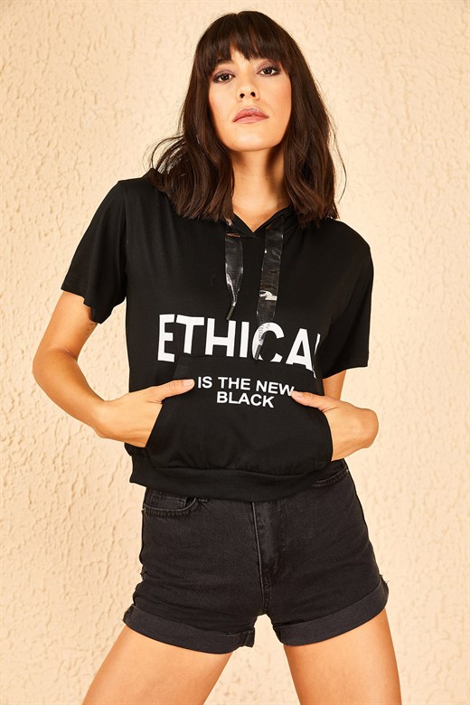 Bianco Lucci Kadın Ethical Baskı Kapüşonlu Tshirt - Siyah