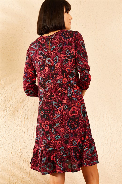 Bianco Lucci Kadın Etnik Desen Eteği Pileli Kolu Lastikli Sırt Dekolteli Elbise - Kırmızı