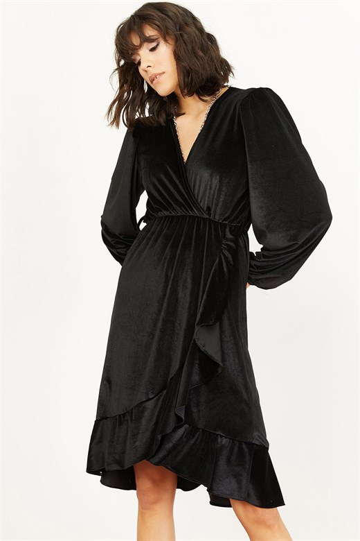 Bianco Lucci Kadın Fırfır Detay Balon Kol Kuşaklı Elbise - Siyah