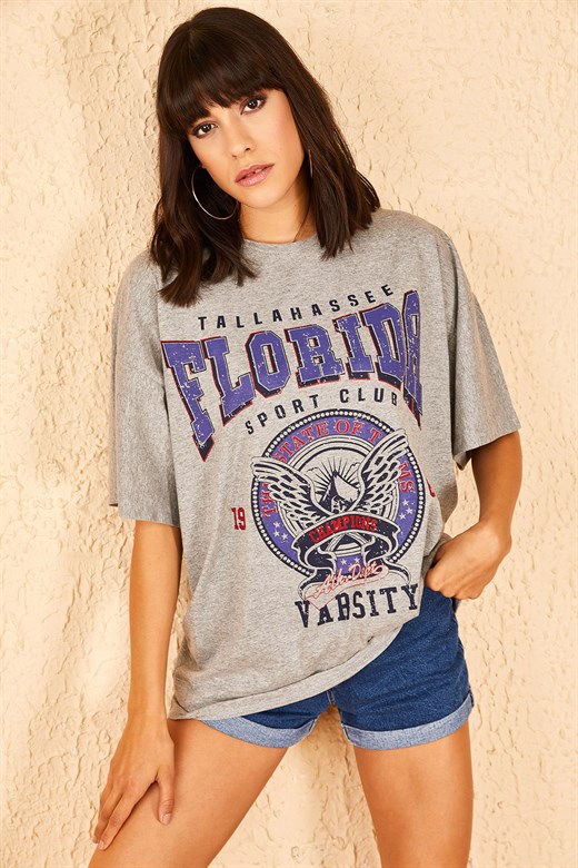 Bianco Lucci Kadın Florida Baskılı Oversize Tshirt - Gri