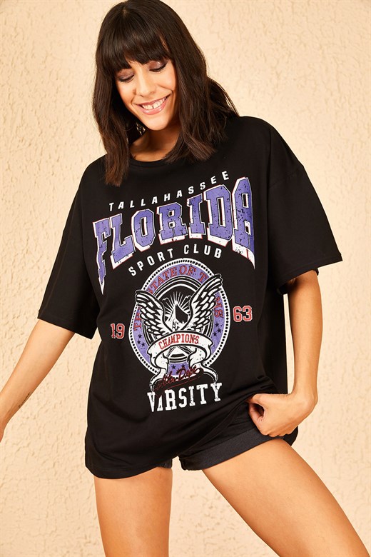 Bianco Lucci Kadın Florida Baskılı Oversize Tshirt - Siyah