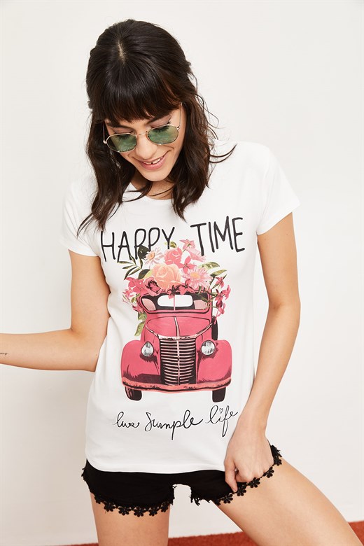 Bianco Lucci Kadın Happy Time Baskılı Pamuk T-Shirt - Beyaz
