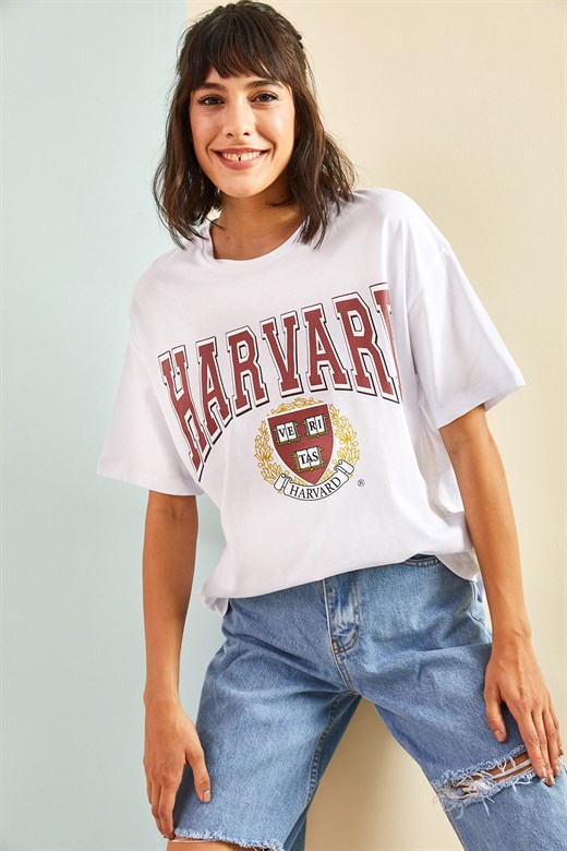 Bianco Lucci Kadın Harvard Baskılı Tshirt - Beyaz