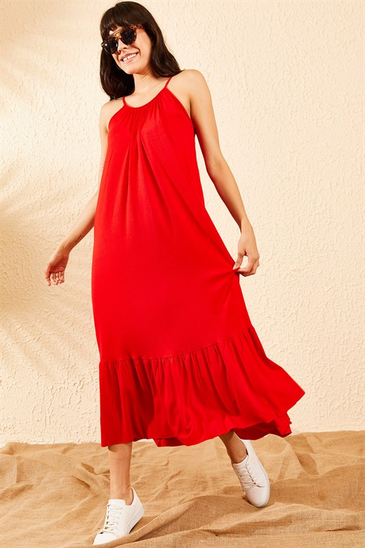 Bianco Lucci Kadın İp Askılı Eteği Fileli Elbise - Kırmızı