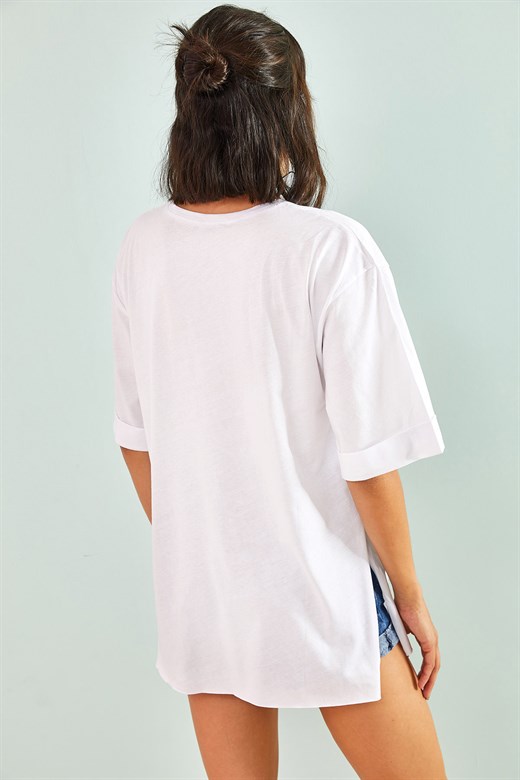 Bianco Lucci Kadın Kadın 4 Kutu Baskılı Oversize Yan Yırtmaçlı Tshirt - Beyaz