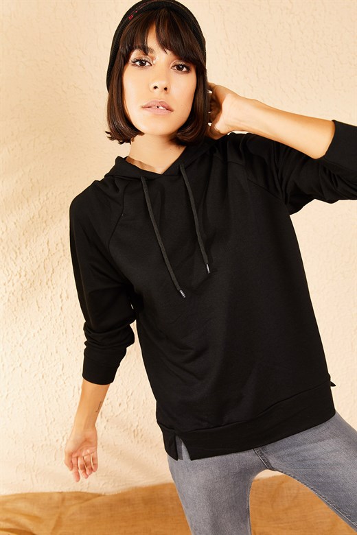 Bianco Lucci Kadın Kapüşonlu Basic Sweatshirt - Siyah