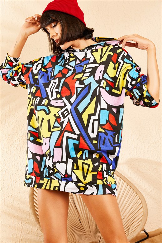 Bianco Lucci Kadın Kapüşonlu Kloş Geometrik Desen Kloş Sweat Elbise - Çok Renkli