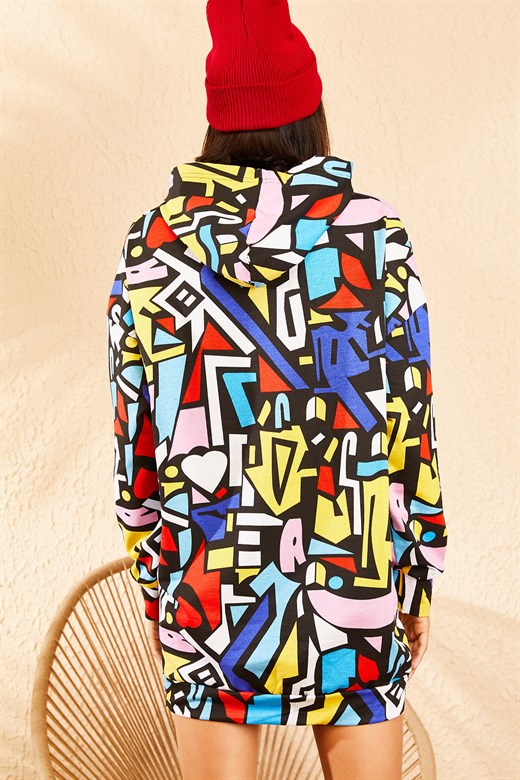 Bianco Lucci Kadın Kapüşonlu Kloş Geometrik Desen Kloş Sweat Elbise - Çok Renkli