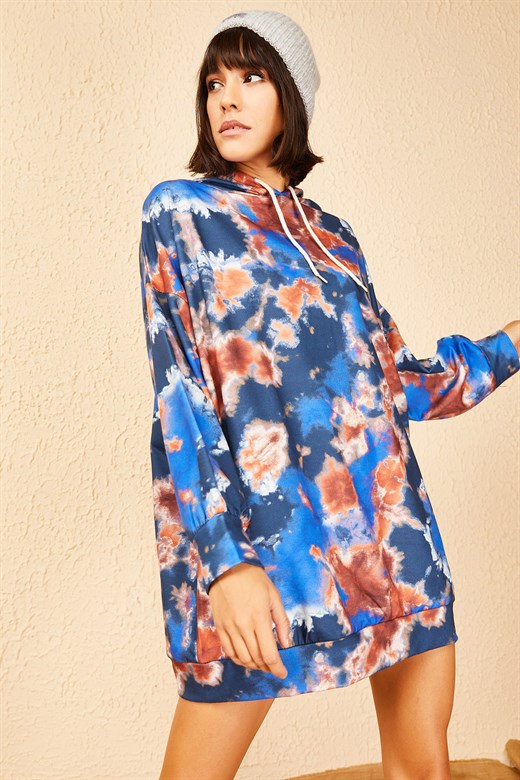 Bianco Lucci Kadın Kapüşonlu Multi Desenli Oversize Sweat Elbise - Mavi