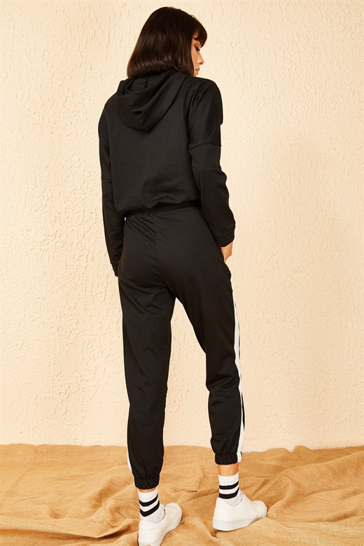 Bianco Lucci Kadın Kapüşonlu Şeritli Garnili Alt-Üst Takım - Siyah