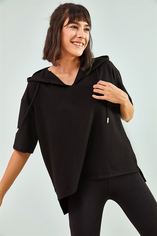 Bianco Lucci Kadın Kapüşonlu Yan Yırtmaçlı Tshirt - Siyah