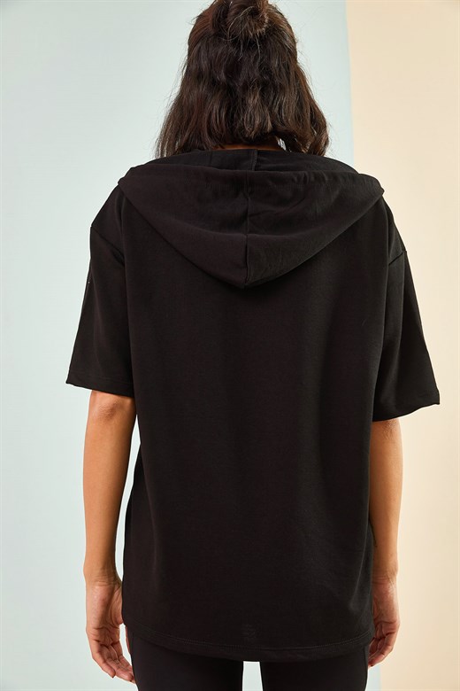 Bianco Lucci Kadın Kapüşonlu Yan Yırtmaçlı Tshirt - Siyah