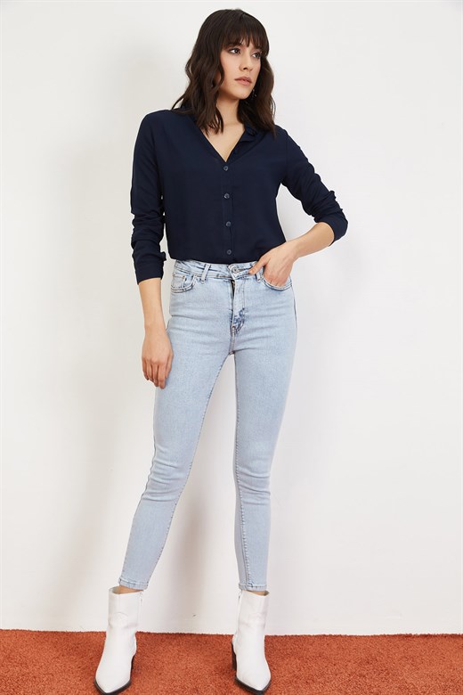 Bianco Lucci Kadın Kar Yıkama Yüksek Bel Skinny Jeans Pantolon - Mavi