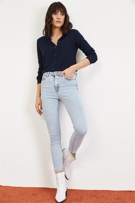 Bianco Lucci Kadın Kar Yıkama Yüksek Bel Skinny Jeans Pantolon - Mavi