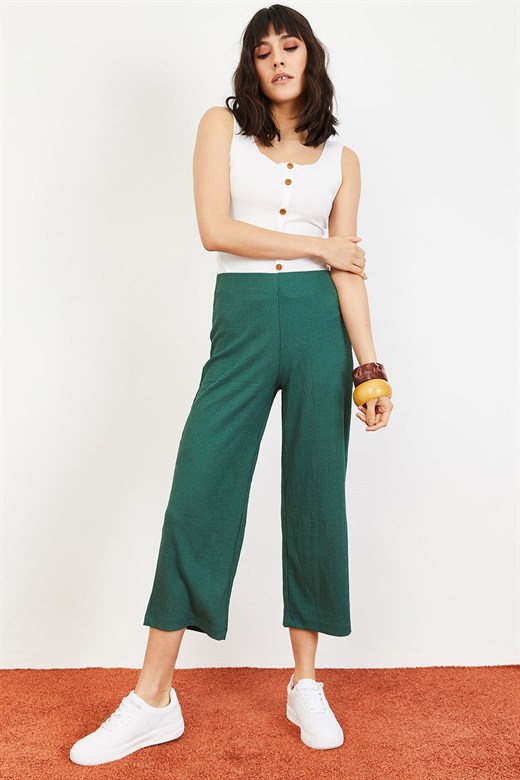 Bianco Lucci Kadın Kendinden Desenli Geniş Kesim Kumaş Pantolon - Yeşil