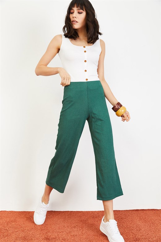 Bianco Lucci Kadın Kendinden Desenli Geniş Kesim Kumaş Pantolon - Yeşil