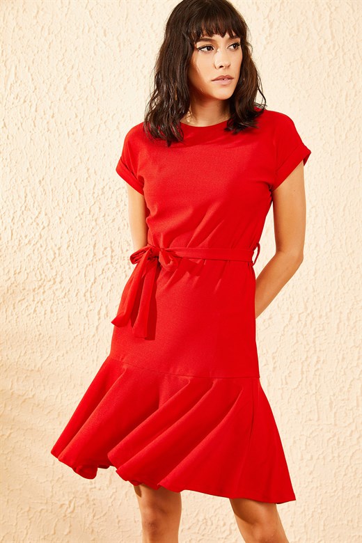 Bianco Lucci Kadın Kol Katlamalı Beli Lastikli Elbise - Kırmızı