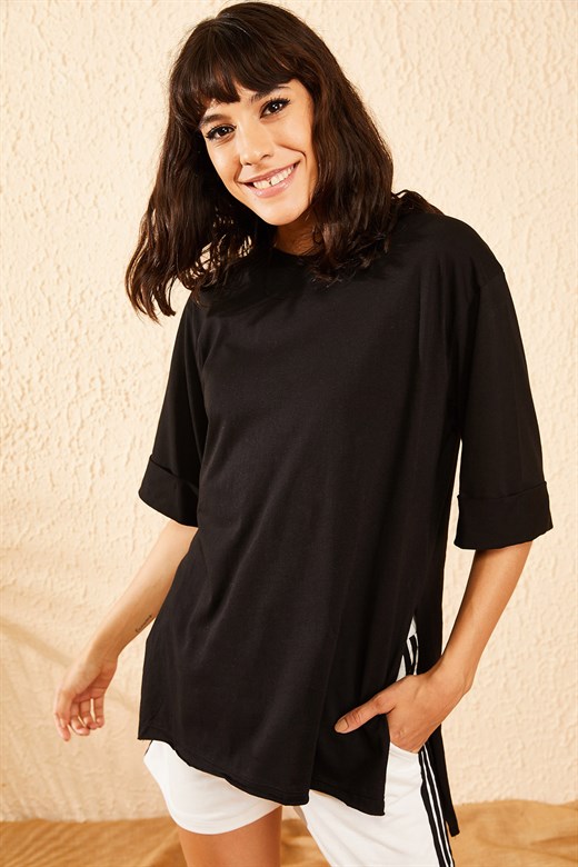 Bianco Lucci Kadın Kol Katlamalı Oversize Basic T-Shirt - Siyah
