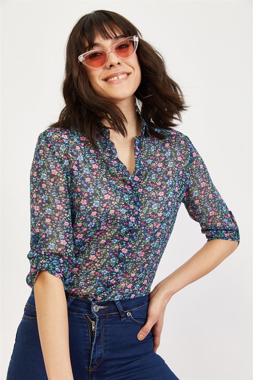 Bianco Lucci Kadın Kol Katlamalı Renkli Çiçek Desen Tül Gömlek - Lacivert