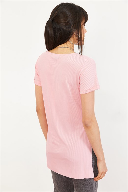 Bianco Lucci Kadın Kol Yan Yırtmaçlı Kol Detay Kaşkorse T-Shirt - Pudra