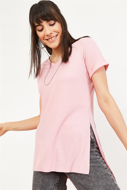 Bianco Lucci Kadın Kol Yan Yırtmaçlı Kol Detay Kaşkorse T-Shirt - Pudra
