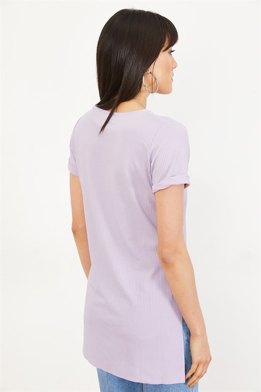 Bianco Lucci Kadın Kol Yan Yırtmaçlı Kol Detay Kaşkorse T-Shirt - Lavanta