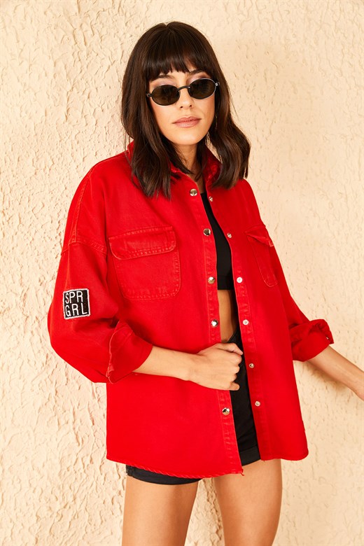 Bianco Lucci Kadın Kolu Armalı Kot Gömlek 10951001 - Kırmızı